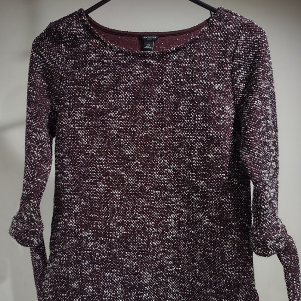 ANN TAYLOR FACTORY TWEED SWEATER BURGUNDY WHITE 3/4 SLEEVES WITH TIES SIZE XSP